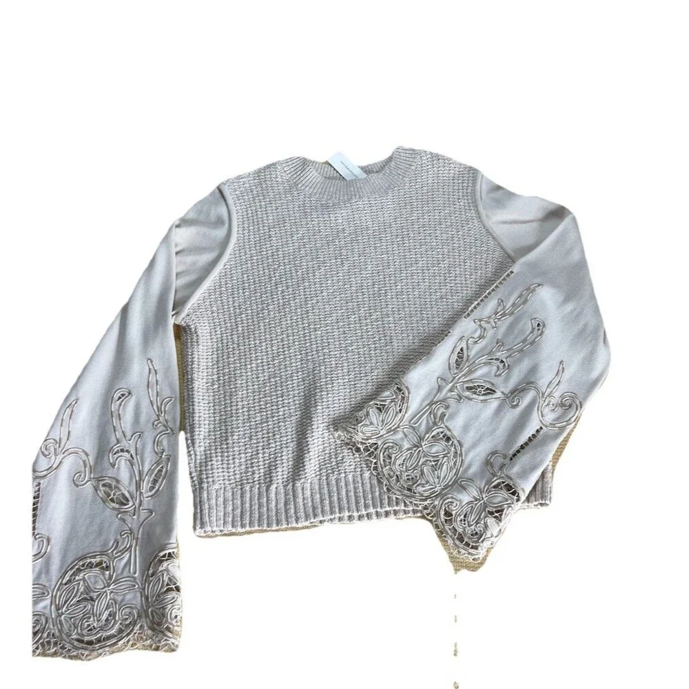 Anthropologie Textured Eyelet Twofer Sweater Vest Top Embroidered Beige Sz XL - Picture 3 of 11